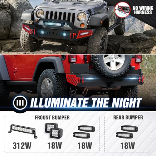 Image of for JK Front and Rear Bumpers with Spare Tire Carrier Compatible with 2007-2018 Jeep Wrangler JK JKU with Winch Plate, LED Lights, Hitch Receiver, License Plate Frame, Paintable Armor & D-rings