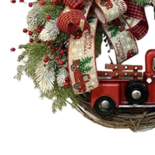 Winter Wreath Wagon Farmhouse Red Truck Rustic Front Door Christmas Wreath Decorative With Bow Knot Berry Vintage Wood Fall Garland Holiday Wall Decor Home Outdoor Christmas Decorations 12X12'' #TOP5