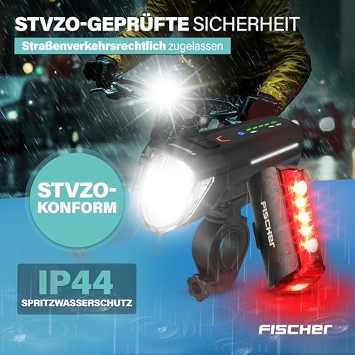 FISCHER Zestaw oświetlenia LED do roweru z akumulatorem Twin Stop 100 Lux ze światłem drogowym, z trybem czujnika, długi czas świecenia, stabilna aluminiowa obudowa, czarny, 1 sztuka
