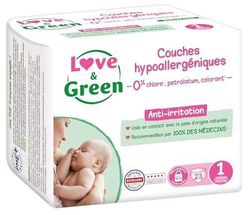 Love & Green – Pañales hipoalergénicos 0% para bebé, 23 pañales, talla 1