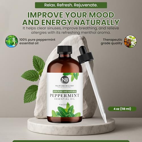 Image of NaturoBliss Peppermint Essential Oil, 100% Pure and Natural Therapeutic Grade, Premium Quality Peppermint Oil, 4 fl. Oz - Perfect for Aromatherapy and Relaxation