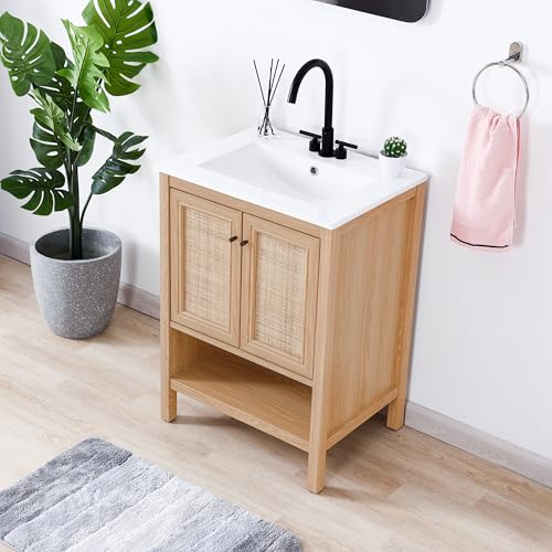 JONATHAN Y VAN1023A Jasper 24 in. W x 18 in. D x 33 in. H Rattan Modern Coastal 2-Shelf Bathroom Vanity Cabinet Only with Soft Closing Doors (Sink Basin Not Included), Oak