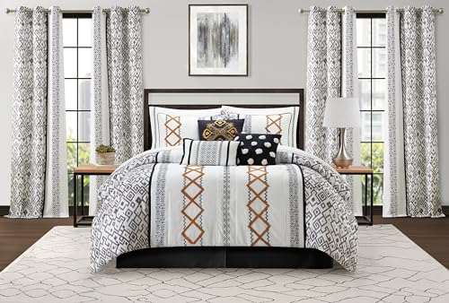 Grand Avenue Black Gold Comforter Set King Size, 15 Piece Terry Embroidery All Season Room-in-A-Bag, Matching Curtains, Sheet Set, Pillows & Shams
