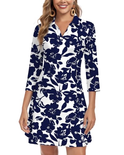 Image of WOWENY 3 /4 Sleeve Dress for Women with Pockets V Neck UPF 50+ Casual Sun Dress Breathable Quick Dry Beach Vacation