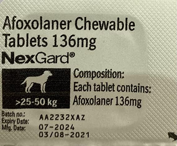 Image of Nexgard Chewable Tablet | Kill Ticks | Fleas | Lice | 136mg | 25-50 kg Body Weight (Pack of 3 Tablets) by Abjinder & Daughters