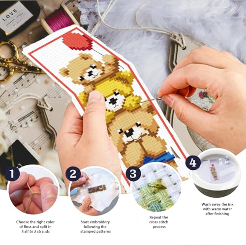 Image of INFUNLY 6PCS Brown Bear DIY Cross Stitch Bookmark Kits 8.5 inchx2.9 inch Cute Bear Stamped Embroidery Kits with Instructions Balloons Gift Box Needlepoint Bookmark Kits for Book Lovers Readers Writers
