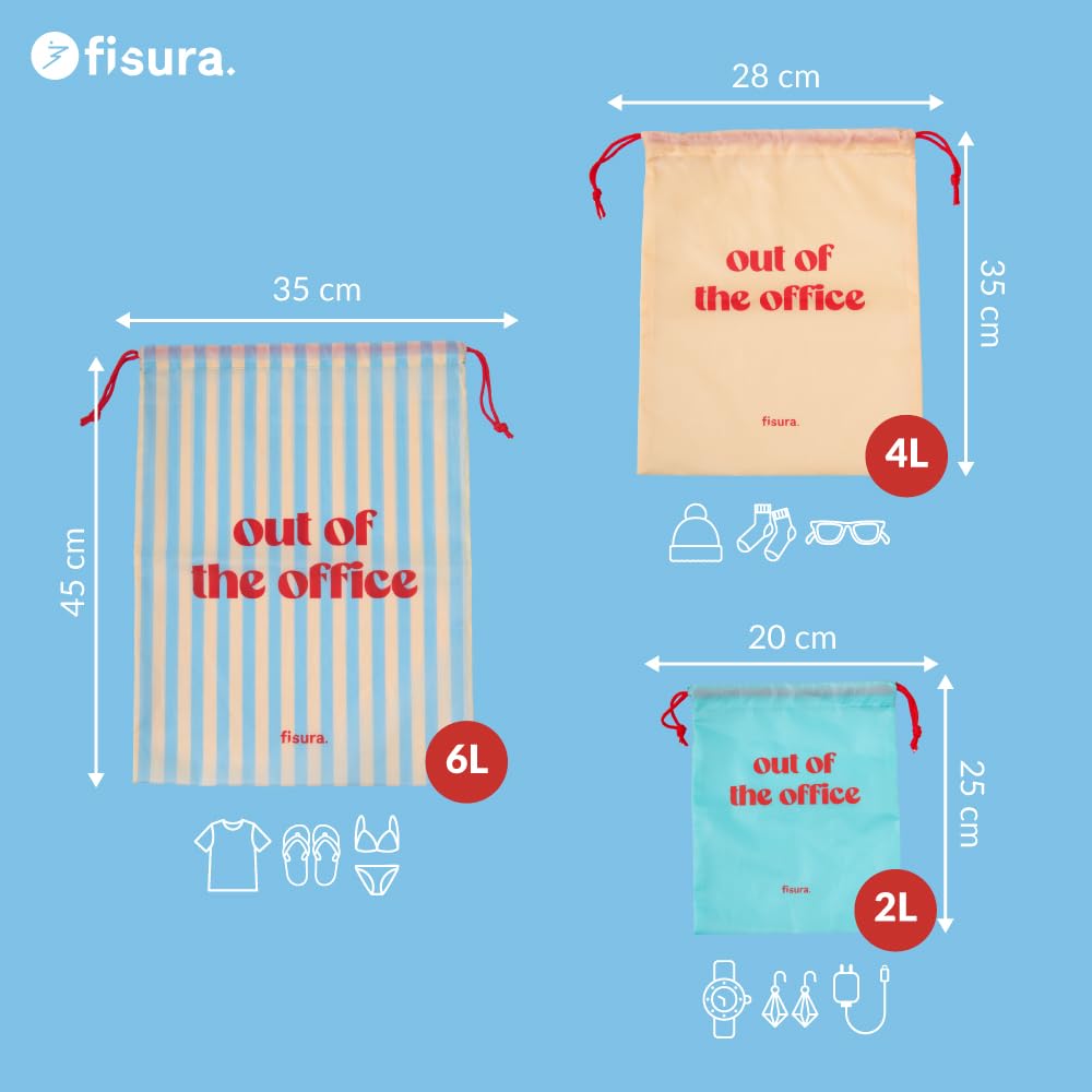 Fisura - 3 oryginalne torby podróżne Out of the Office torba podróżna na brudne ubrania ze sznurkiem organizer do walizek zestaw toreb do przechowywania bagażu 6L 4L 2L