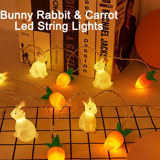 Filo di luci a LED con coniglietto pasquale e carota, 20 m, 20 LED, funzionamento a batteria, decorazione pasquale per interni, per feste, casa, interni ed esterni (bianco caldo)
