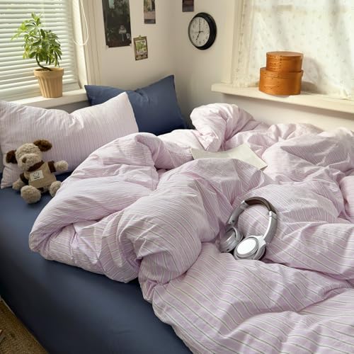 Image of VM VOUGEMARKET Pink Striped Duvet Cover Set Queen Size,Casual Stripe Bedding Set for Teens Girls,Soft Microfiber Comforter Cover for Modern Bedroom,90 inchx90 inch