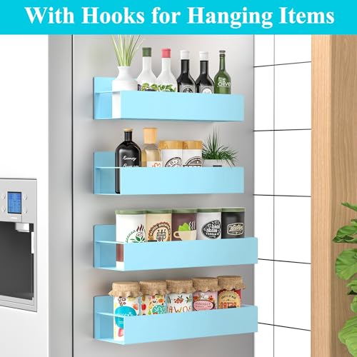 Image of HuggieGems Metal Magnetic Spice Rack for Refrigerator Blue, 4 Pack | Magnetic Shelves Heavy Duty for Fridge in Kitchen, Seasoning Storage Organizer, For Oven Washer and Dryer, For Heavier Items