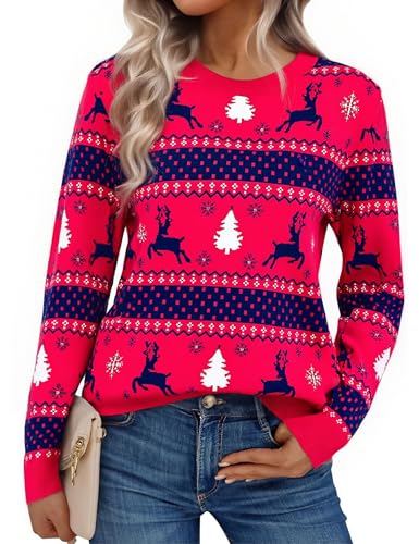 Aseniza Women's Jumpers Christmas Sweater Ladies Xmas Pullover Sweatshirts Knitted Long Sleeve Warm Snowflake Reindeer B-Navy XL