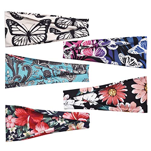 DALARAN Elastic Headbands for Women 5 Pack Turban Head Wrap Floal Style Hair Band for Sports Yoga Running