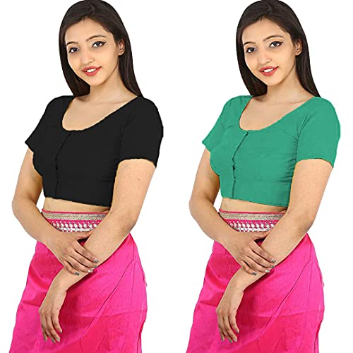 Image of Namita Women's Rubia Cotton Half Sleeve Readymade Regular Fit Blouse (U-Cot-Com-2-Black-Lightgreen-40 Black, Light Green 40)