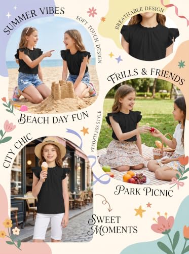 Image of Arshiner Girls Ruffle Short Sleeve Shirts Cute Summer Frill Neck Pleated Textured Blouse Tops