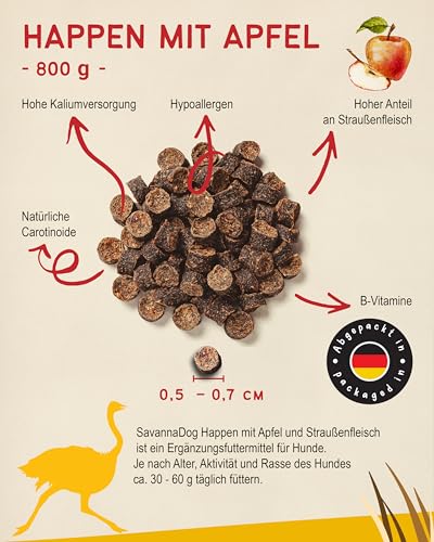SavannaDog Happen mit Apfel 800g - Hunde Leckerlis getreidefrei & hypoallergen, Leckereien für Hunde mit Straußenfleisch, Hundeleckerli mit wertvollen Ballaststoffen