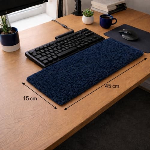 Image of Soft Plush Keyboard Carpet Wrist Rest Pad - Fluffy Ergonomic Wrist Support & Desk Nap Pillow for Computer, Laptop, Office Work & Gaming - Fuzzy Shag Desk Rug Cushion (45 x 15 cm) - Blue