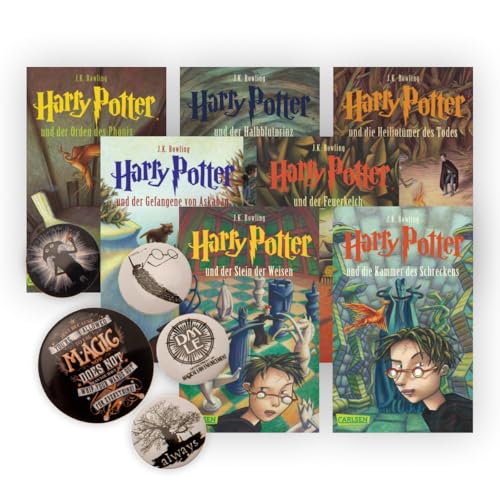 Harry Potter: Band 1-7 im Taschenbuchformat + 1 original Harry Potter Button Badge Pack