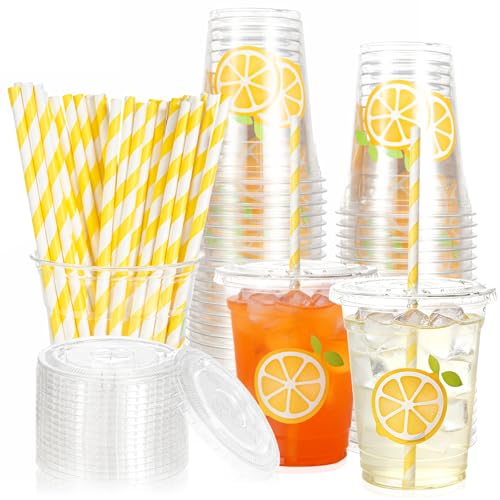 Sofzy 50Pcs Lemonade Stand Supplies Plastic Cups with Lids and Straws 12oz Party Cups Yellow Lemon Disposable Cold Beverage Drinking Cups for Summer Fruit Party