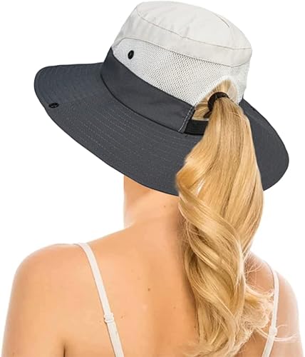 Miniatura 8 de Sombrero de pesca plegable con protección UV para mujer, de malla de ala ancha para playa, con agujero para cola de caballo