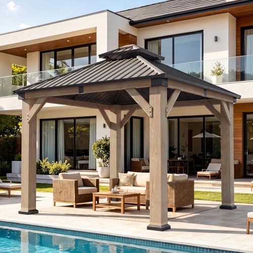 Image of Aoxun 10' x 10' Outdoor Wood Gazebo, Hardtop Gazebo Permanent Wooden Pavilion with Galvanized Steel Double Roof, for Patio, Garden, Deck, Cedar Wood, Grey
