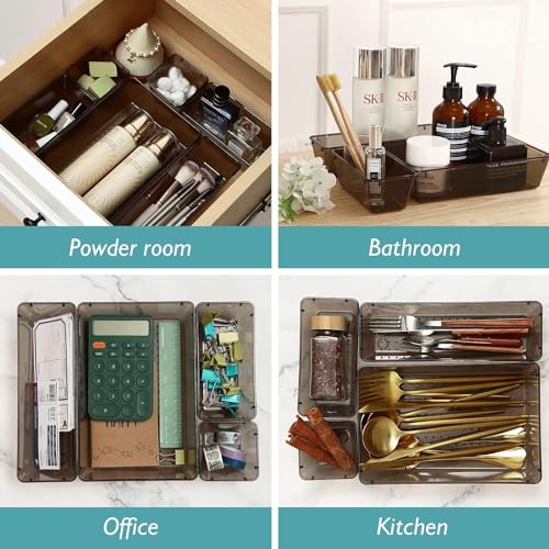 Image of Kienlix Desk Drawer Organizers Trays Set Clear Plastic Storage Bins Bathroom Drawer Tray Dividers Vanity Trays Organizer for Bedroom Dresser Makeup Kitchen Utensil Office (16pc Set (Black))