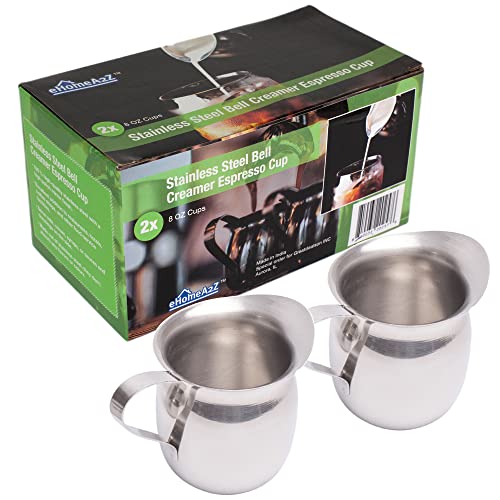 eHomeA2Z Stainless Steel Bell Creamer Espresso Shot Frothing Pitcher Cup Latte Art (2, 8 Oz)