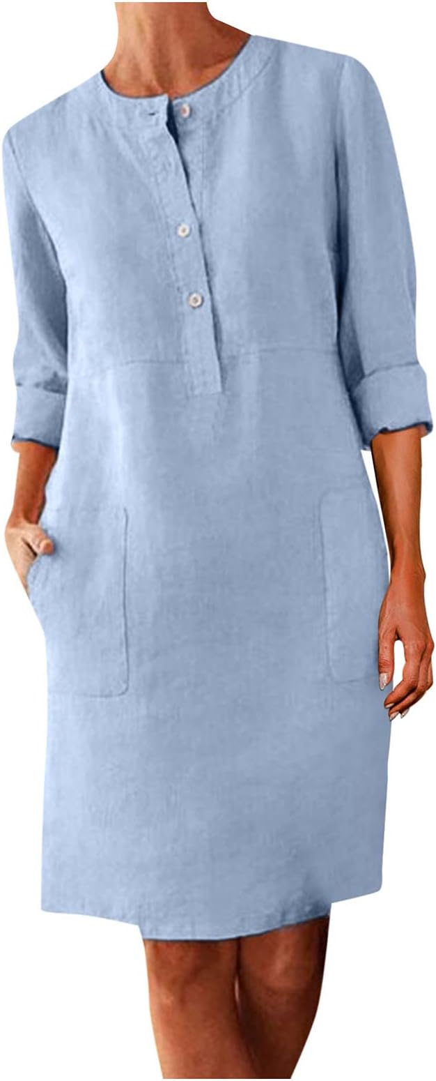 Women's Cotton Linen Dresses Shirt Dress With Pockets