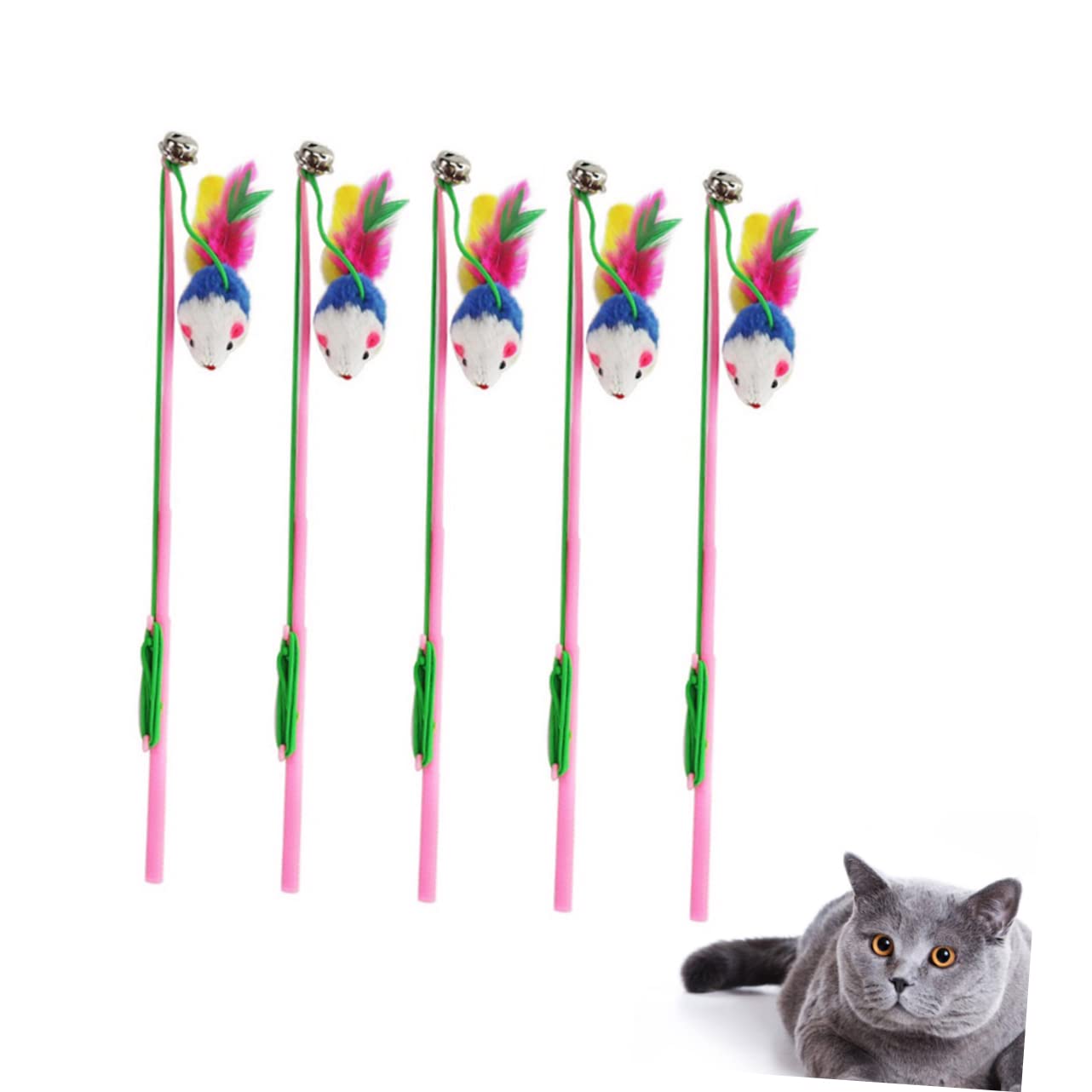 Happyyami 5Pcs Colorful Plush Mouse Cat Feather Wand Interactive Teaser Stick for Cats and Kittens Engaging Bell Design for Active Playtime and Bonding