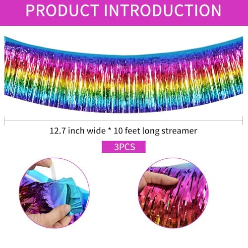 Image of BEISHIDA 3 Packs Metallic Foil Fringe Garland Dark Rainbow Wall Hanging Tinsel Fringe Banners for Halloween Car Floats Bridal Shower Wedding Birthday Easter Graduation Holiday Party Decoration(30 Feet