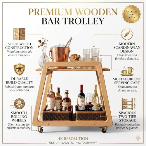 Image of Premium Solid Wood Multipurpose Kitchen Trolley & Serving Cart with Wheels | Portable Side Table for Living Room & Office | Stylish Wooden Furniture with Smooth Rolling Casters-Natural