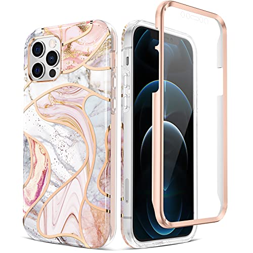 Caka iPhone 12 Pro Max Marble Case, iPhone 12 Pro Max Case with Built-in Screen Protector Full Body for Girls Women Shockproof Marble Phone Case for iPhone 12 Pro Max 6.7 inch (Rose Pink)