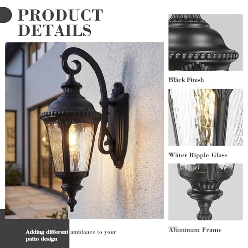 Image of Emliviar 24.4 inch Classic Black Outside Porch Sconce Lighting, Water Ripple Glass Outdoor Light Fixture Wall Lamp for Hallway, E26 Base 60W Max, XE265B-M BK-SW