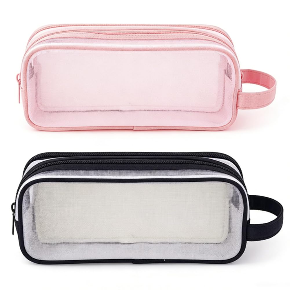 KMFASVX 2 Pack Large Clear Pencil Case - Transparent Mesh Pen Bag with 2 Compartments, See Through Pencil Pouch for Students Teen Girls School College Office Travel