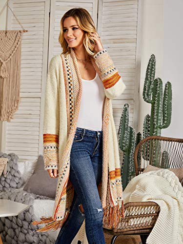 Ferbia Women Boho Cardigan Sweater Long Open Front Maxi Knit Sweaters Aztec Tribal Tassel Fringe Thin Coat #TOP2
