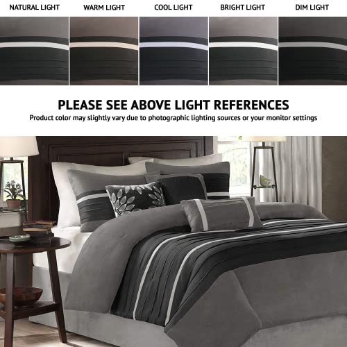 Madison Park - Palmer 7 Piece Comforter Set - Black And Gray - California King - Pieced Microsuede - Includes 1 Comforter, 3 Decorative Pillows, 1 Bed Skirt, 2 Shams #TOP1