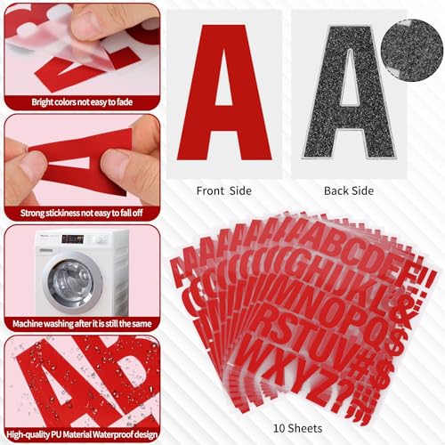 Image of 10 Sheets 440 Pieces Iron on Letters for Clothing, 2 Inch Heat Transfer Letters, Red Iron on Vinyl Letters with A-Z PU Alphabets Sticker for Fabric, Jersey T-Shirt Printing DIY Craft