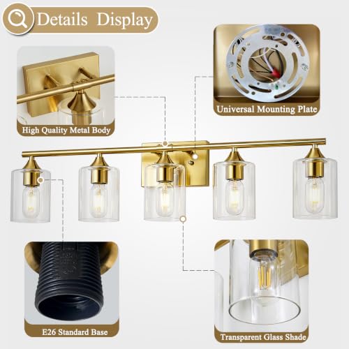 Image of 5 Light Bathroom Vanity Light Brushed Gold,32 inch Bathroom Light Fixtures,Gold Wall Sconces for Living Room Bedroom,E26 Base