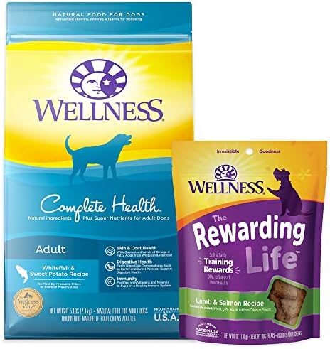 Wellness Dog Food and Treats Trial Bundle: Complete Health Dry Food, Whitefish 5lb & Rewarding Life Soft Treats, Lamb and Salmon