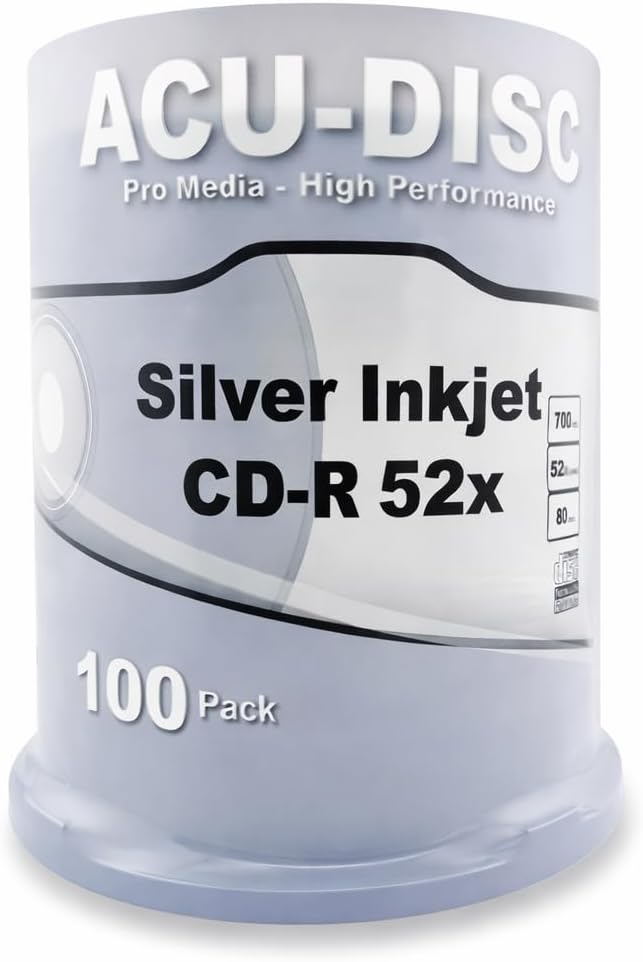 100 Blank ACU-DISC Silver Inkjet Printable CD-R80 Full Face (52x) 700MB