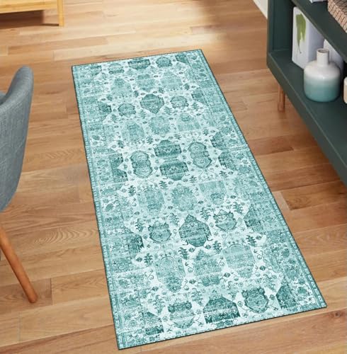 Alfombra lavable para pasillo con base antideslizante cian boho 90x200 2