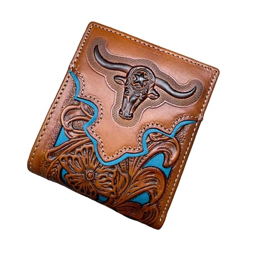 Men’s Short Leather Wallet – Embossed Longhorn Motif with Laser Cut Design – Western Cowboy Bifold Wallet for Ranchers, Cattlemen & Rodeo Gift Ideas