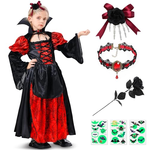 Lozzzyo Halloween Kostüm Kinder Vampir Mädchen, Gothic Vampir Kostüm Kinder Set mit Rubinhalskette, Rose, Skelett-Haarspange &...