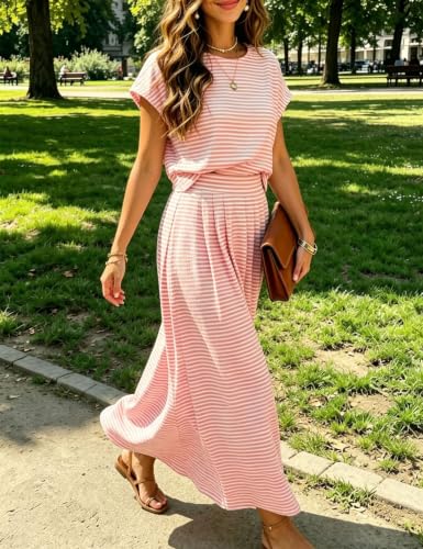 Image of Zontroldy Women's Summer 2 Piece Outfits Striped Skirt Sets Cap Sleeve Crop Top Midi Dress Matching Travel Outfits