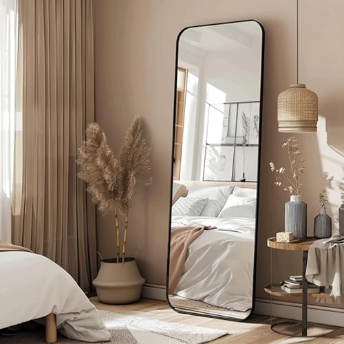 KAIDIDA Standspiegel Ganzkörperspiegel Abgerundete 162 x 53 cm, Schwarz Metallrahmen, Sicherheitsglas mit Splitterschutz, Wandmontage & Bodenstehend für Schlafzimmer Ankleidezimmer