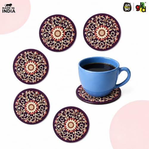 Image of GKD Flower Coasters Wooden Tea & Coffee Coaster Set of 6 with Stand | Heat & Water Resistant Table Coaster for Cups, Mugs & Glasses (Dark Floral)