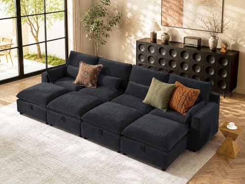 Image of WorthFurni Modern Modular Sectional Sofa,134 inch Sleeper Sofa Bed Sectional Cloud Couch with Storage Ottoman,Comfty 8 Seat Sofa for Living Room,Black Chenille