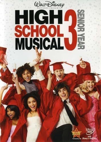 High School Musical 3: Senior Year DVD cover showing the main cast members Troy, Gabriella, Sharpay, Chad, Ryan, and Taylor in a celebratory pose.