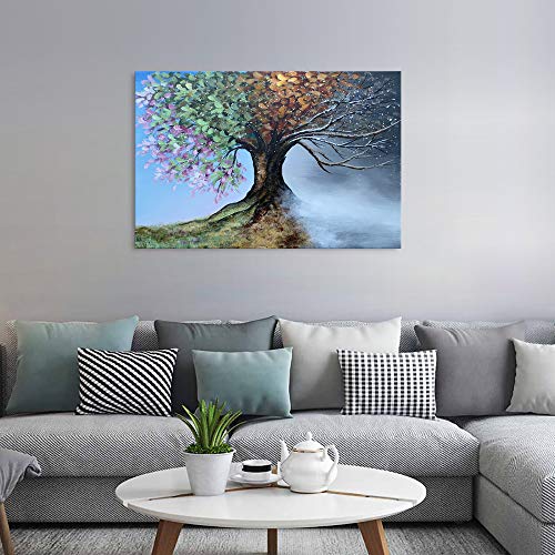 4 Season Black White And Green Tree Paintings Landscape Canvas Print 1 Piece Wall Art Modern Abstract Home Decor Artwork For Living Room Pictures Stretched And Framed Ready To Hang(36''W X 24''H) #TOP1