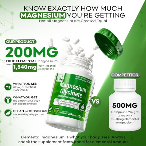 Image of Magnesium Glycinate 200mg High Absorption Chelated Magnesium Supplement for Sleep, Stress, Muscle & Nerve Support, Calm & Relaxation - Vegan, Non-GMO - 240 Tablets by Health Thru Nutrition