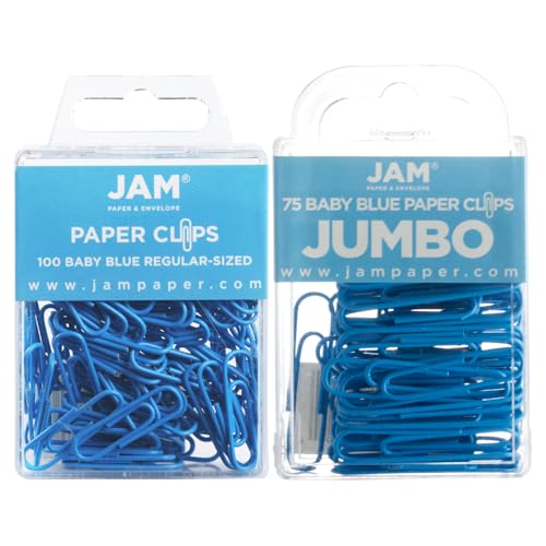 JAM PAPER Combo Pack Colorful Paper Clips - Standard & Jumbo - Baby Blue Paperclips - 1 Pack of 100 & 1 Pack of 75